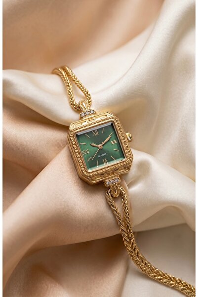KLISHE Butik Women's Steel Watch Gold Color & Green Dial Square Case Old Mone...