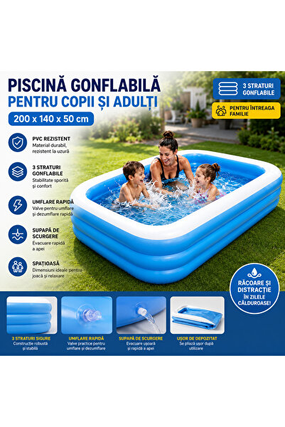 OEM Piscină Gonflabilă pentru Copii și Adulți, 3 Straturi, 200 × 140 × 50 cm,...