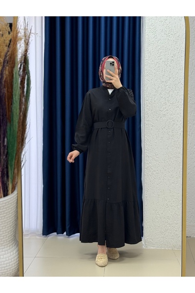 MİHRA STORE Miressa Boydan Düğmeli Kemerli Çilek Elbise-PE620 Siyah