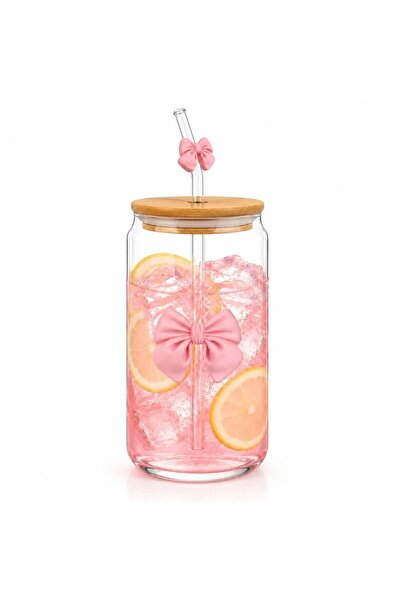 CASA JOY Pahar de sticlă cu pai de 15 cm, fundă decorativă, cu capac din lemn...