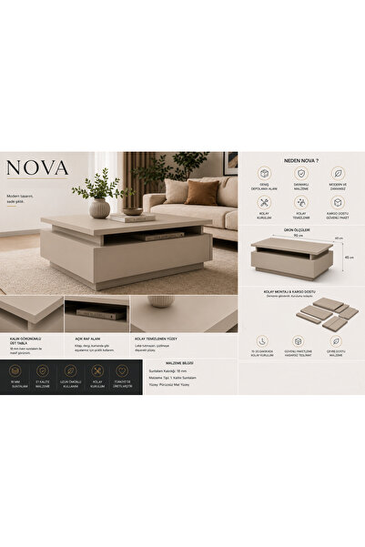 Modiora NOVA Modern Orta Sehpa 90x60x45 cm Vizon Bej Minimal Salon Sehpası
