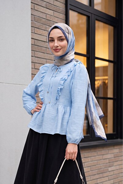 Modamorfo Tie-Neck, Ruffled Front, Elastic Sleeves Crinkle Blouse - Baby Blue