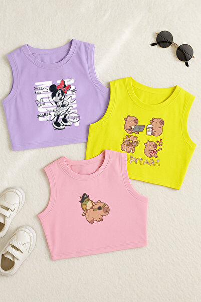 MYADA Capybara Baskılı Askılı Kız Çocuk Tarz 3'lü Crop Set 24156 24157 24202