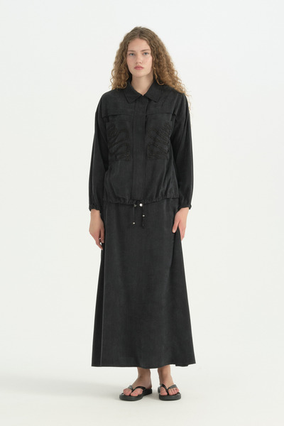 Nihan Lyocell Bomber Jacket Skirt Set - Black