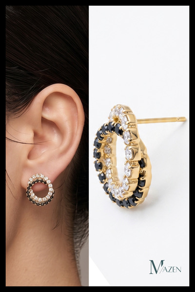 MAZEN Black and White Waterway Stone Interlocking Double Round Earrings Gold ...