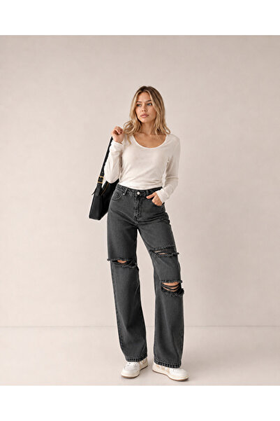 SHEVEGA Smoked High Waist Knee Ripped Detailed Wide Leg Palazzo Jean Denim Tr...