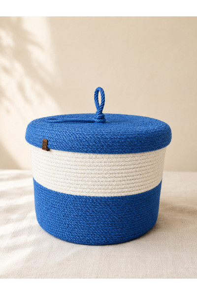 Naspar Blue-White Color Covered Basket, Dirty Laundry Basket, Organizer, Summ...