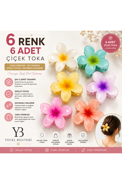 yücel bijuteri Rengarenk Lotus Çiçeği Mandal Toka 6'lı Büyük Boy (8 Cm)