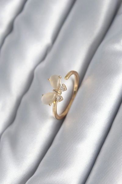 Marsilyan Brass Gold Color Zircon Stone Detail Butterfly Model Women's Ring E...