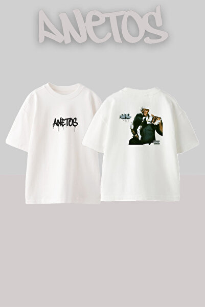 Anetos تي شيرت أبيض كبير الحجم مطبوع بتصميم 50 Cent_31 للجنسين