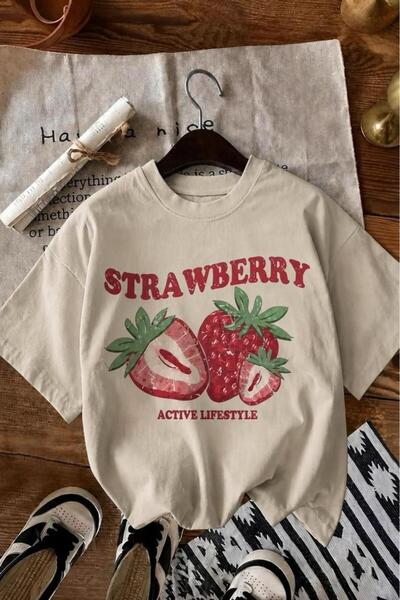 Oksit Strawberry Active Lifestyle Crew Neck Vintage Printed Relaxed Fit T-Shirt