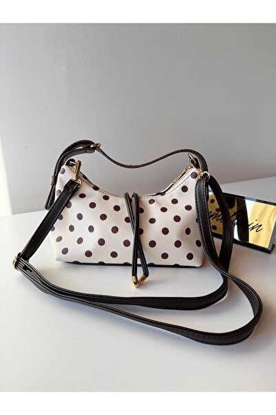 emelimin Women's Cream-Brown Polka Dot Baguette Bag Retro Shoulder and Hand Bag