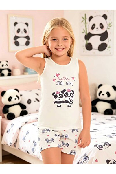 NiCe İç Giyim Girl's Ecru Color Cute Panda Pattern Tank Top & Shorts Pajama S...