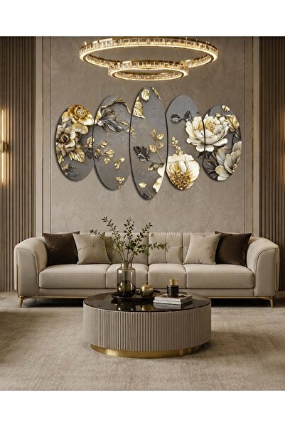 BellaaaModa 5 Parçalı MDF TABLO ÇİÇEK DESENLİ