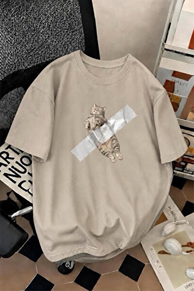Oksit Pop Art Style "Taped Cat" Pattern Cotton Comfortable Unisex T-Shirt