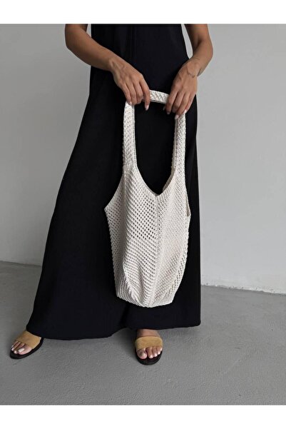 PIOVE Women's Ecru Hand Knitted Mesh Shoulder Bag Large Volume Daily Beach Ba...