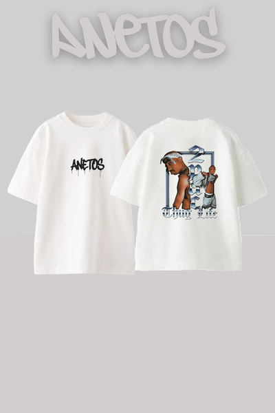 Anetos Λευκό μπλουζάκι 2Pac ThugLife με στάμπα Unisex Oversize