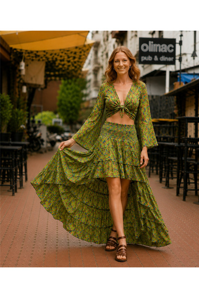 Miss Boheme Green Color Short Front Long Back Silk Skirt and Bolero Set