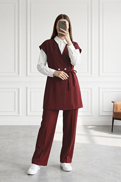 MODAQU Lace-Up Double Crepe Vest and Trousers Set - Burgundy
