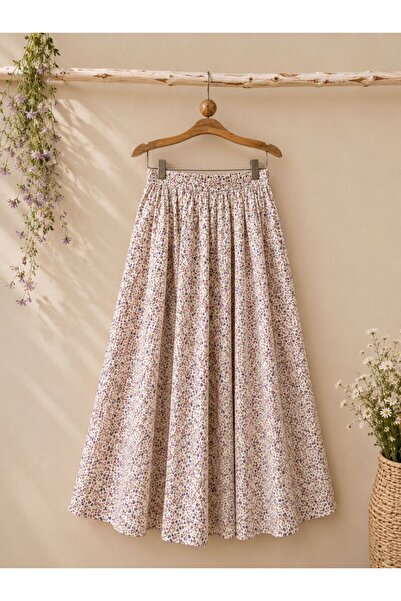 KÜÇÜĞÜM BUTİK Cream-Purple Floral Flared Skirt