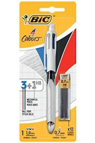 Bic Pix multifuncțional cu 4 culori, vârf de 1mm, argintiu, cu cerneală multi...