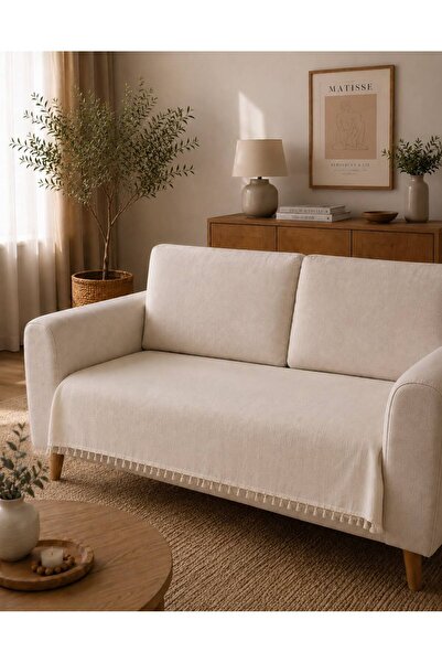 Luxoras Home Püsküllü Keten 2 Kişilik Koltuk Örtüsü Bohem Dekoratif Kanepe Çe...