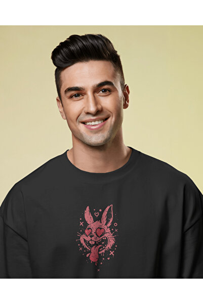 buzagi Crazy Rabbit Oversize Unisex Black T-Shirt