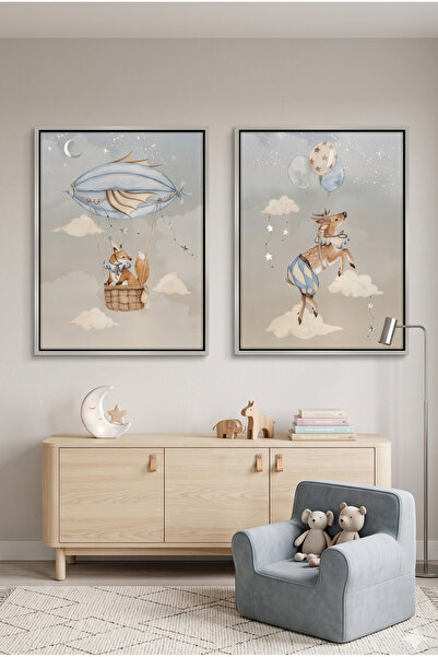 Jasmine Art Dreamy Fox and Deer Balloon Kids Wall Art | Portrait Framed Canva...