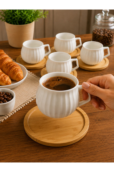 Karçiçeği Home 6-Piece Porcelain Daisy Embossed Coffee Cup Set – White Coffee...