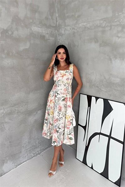 Neşeli Butik kadın ekru kare yaka çiçek desenli kolsuz beli oturan midi elbis...