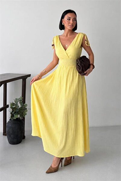 Neşeli Butik Rochie lungă de damă, galbenă, cu talie elastică, guler dublu, d...