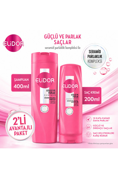 Elidor Güçlü ve Parlak Şampuan 400 ml + Saç Kremi 200 ml Set Seramid Parlaklı...