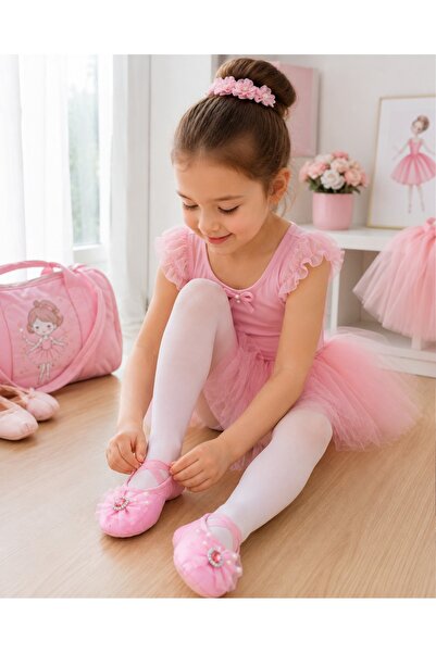 LunaDefano Kız Çocuk Pembe Babet Dans Ayakkabısı Fiyonklu Taş Detaylı Lastikl...