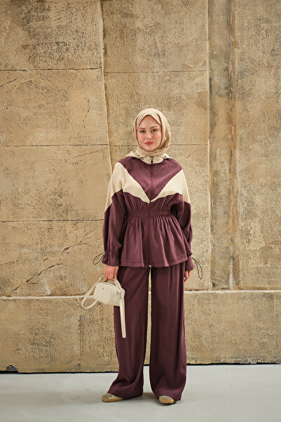LOCCO Women's Double Color Detailed Hooded Parachute Suit Plum