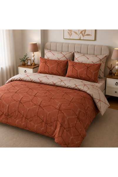 Zeren Home 6 Piece Double Duvet Cover Set |   100% Cotton |   Double Sided |   Elasticized Sheet |   Geometric Patterned |   Cinnamon-Beige |   Boxed