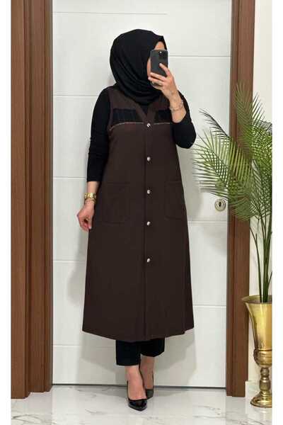 MODA ALMİRA 6457 KAHVE FİLE DETAY CEPLİ UZUN YELEK