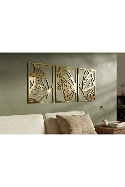 AS TASARIM LAZER 3'lü Premium Set Gold Aynalı Pleksi Kelebek Duvar Dekoru - 9...