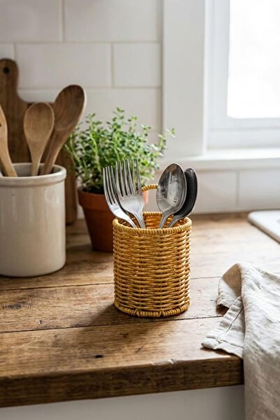 Yıldızan Msa Shop Round Wicker Textured Plastic Rattan Spoon and Fork Holder,...