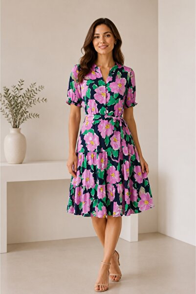 Bad Ro 24-72(7) - Women's midi dress with Printed , drawstring waist, short s...