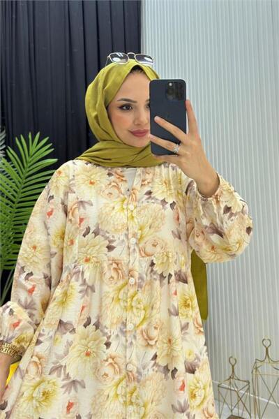 Neşeli Butik kadın sarı boydan düğmeli çiçek desenli yazlık tesettür elbise NMS098