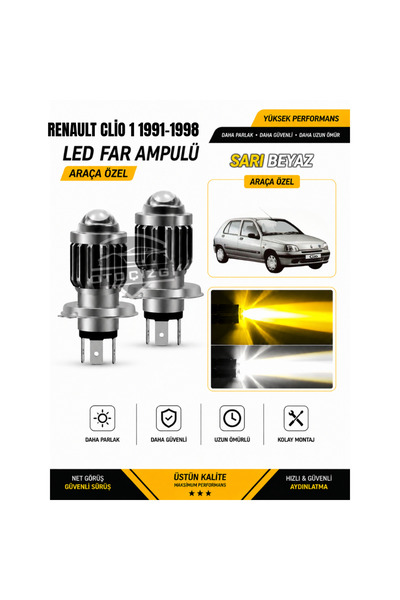 Oto Çizgi Renault Cio 1 1991-1998 H4 LED Far Ampulü Sarı-Beyaz Işık Canbus Mi...