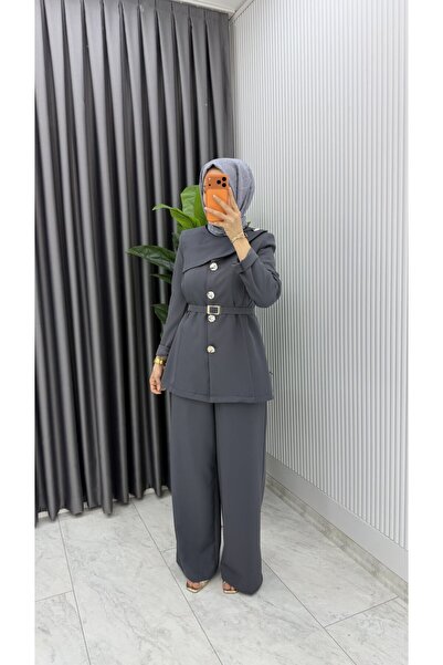 TARZ-I HAS BUTİK Füme Zerya Ceket Takım Premium Seri Kemerli Tesettür Giyim D...