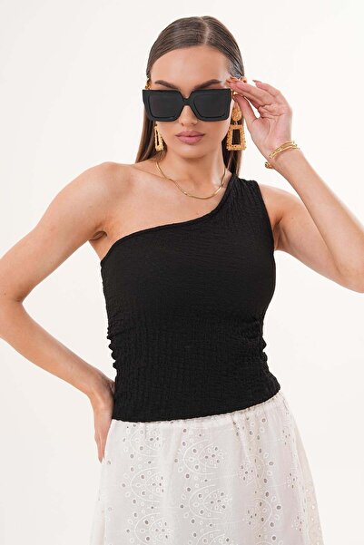DazzUp Women's One-Shoulder Detailed Wrinkled Fabric Blouse