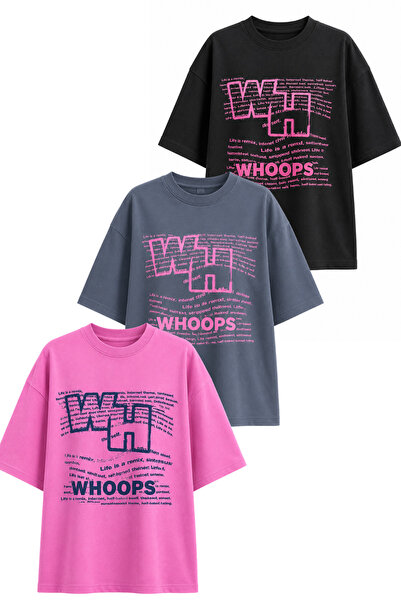 Merci Women's Oversize Whoops Printed Lycra Crew Neck T-Shirt Set of 3 (95% C...