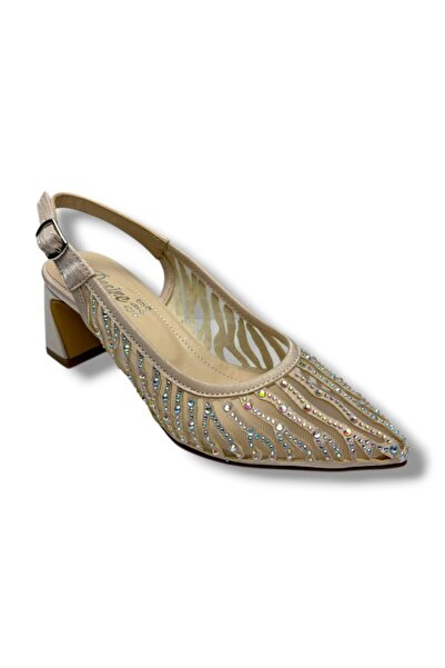 Cakgo Desire 343-26 Satin Silvery Stoned Short Thick Heel Women's Evening Dre...