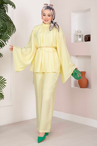 EBRUTESETTÜR Stylish Collared Tunic Trouser Set Yellow
