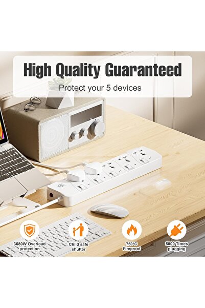INFLUX EXT INFLUX Extension Cord 5 Outlets, 3M Cable, Surge Protected Power Strip, Multi-Plug Adapter with Universal Sockets, 13A Fused Plug – Ideal for Home, Office & Entertainment