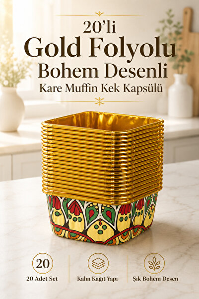 DİVAYS 20'li Gold Folyolu Bohem Desenli Kare Muffin Kek Kapsülü Kalın Kağıt