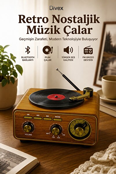 Divex Retro Nostaljik Ahşap Bluetooth Pikap Plak Çalar Görünümlü FM Radyo ve ...