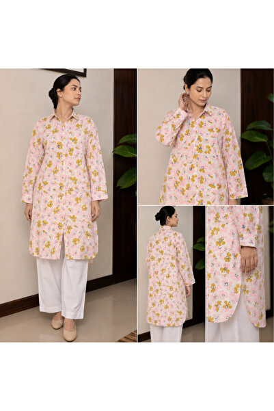 Libas lab - Blush Pink Floral Linen Modest Shirt with Classic Collar
